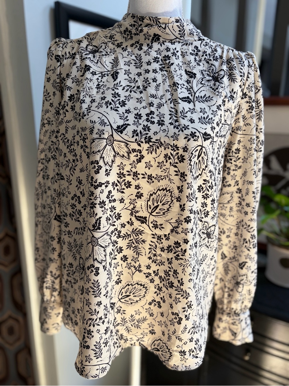 LOFT Cream Blouse with Black Floral Print